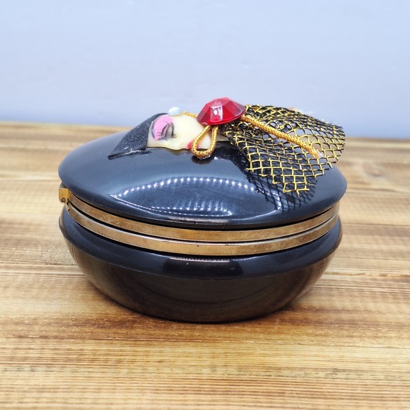 Vintage Chinese Jewelry/Trinket Box Black 4" Diameter Unique - Picture 3 of 10